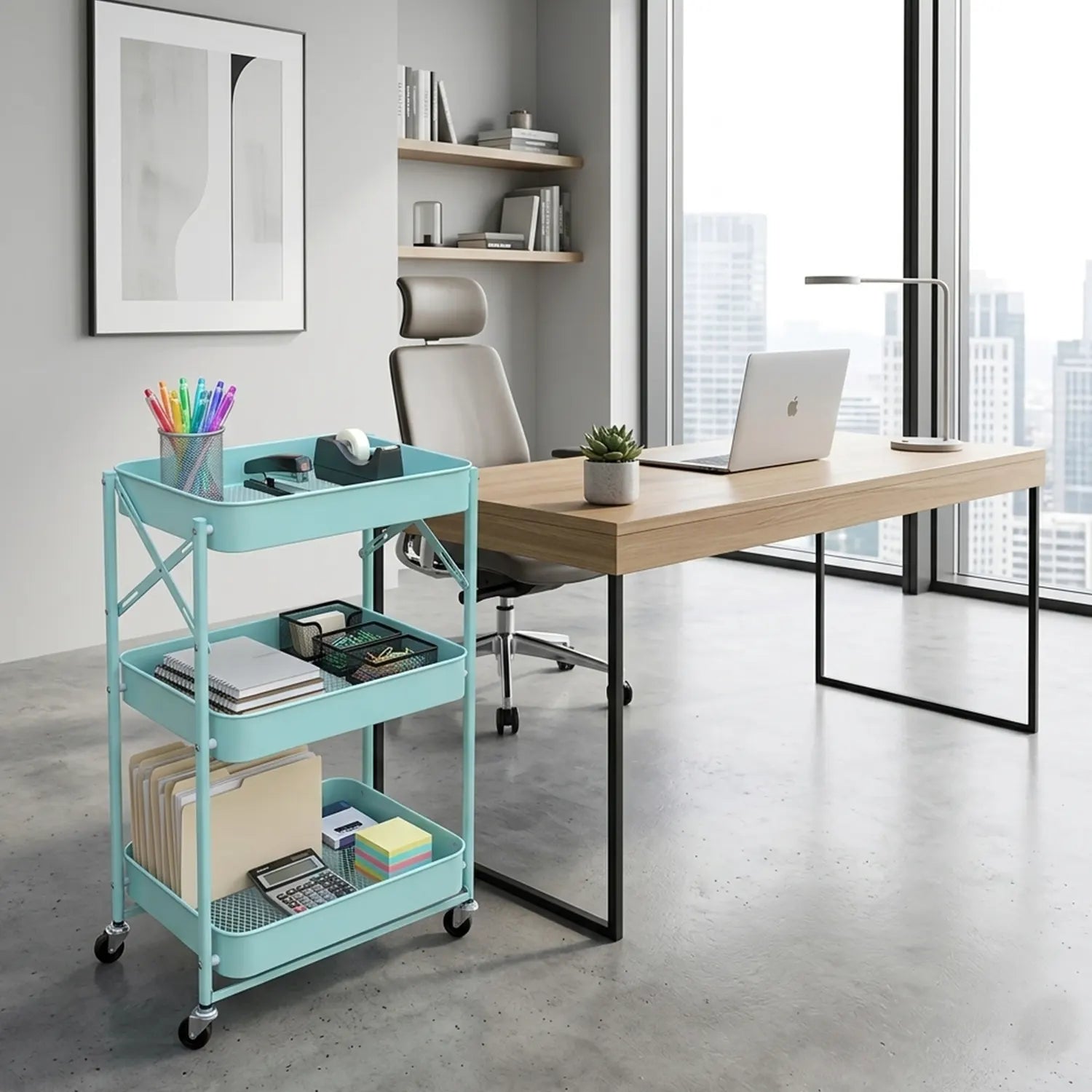 Carro Metálico Organizador Plegable con Ruedas Celeste