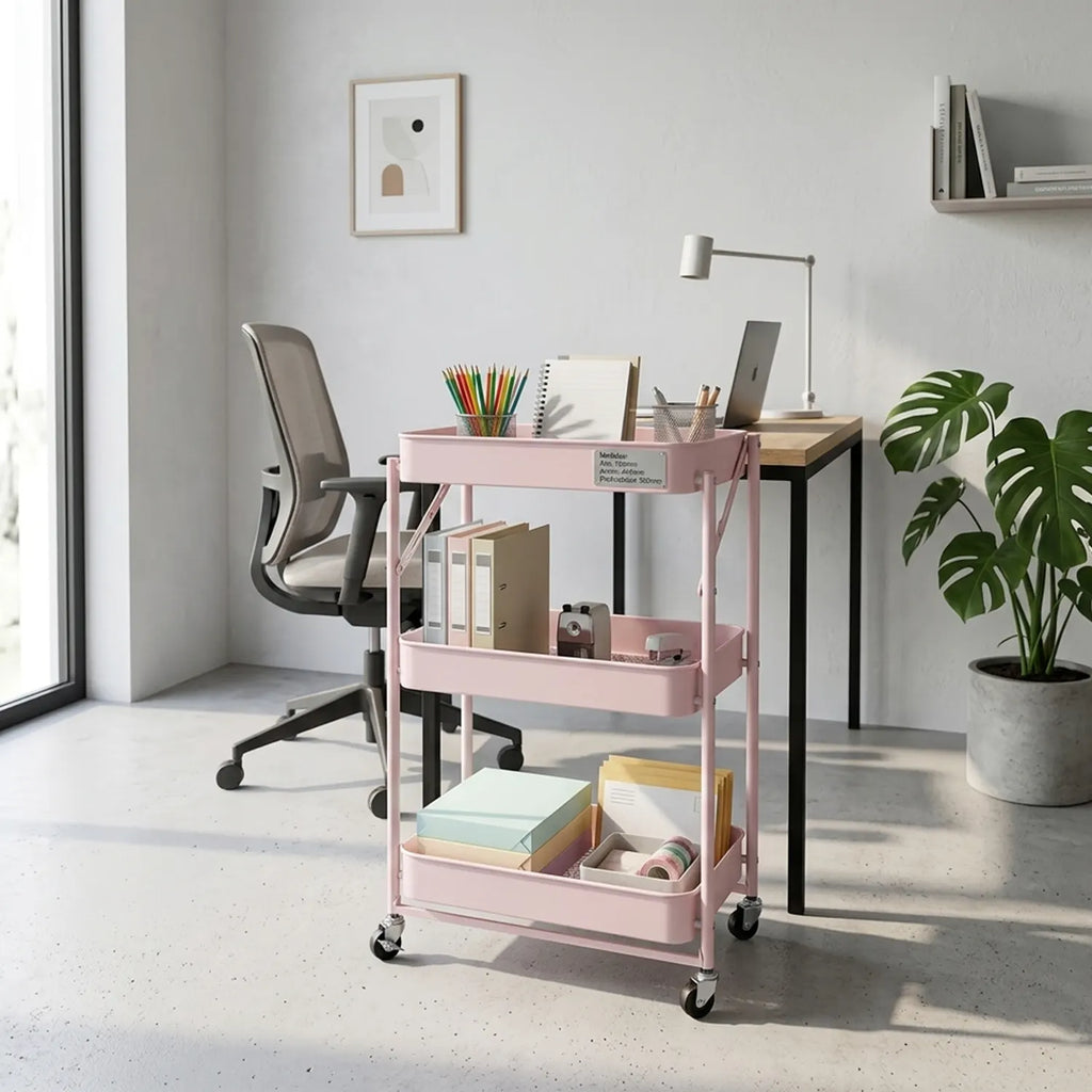 Carro Metálico Organizador Plegable con Ruedas Rosado
