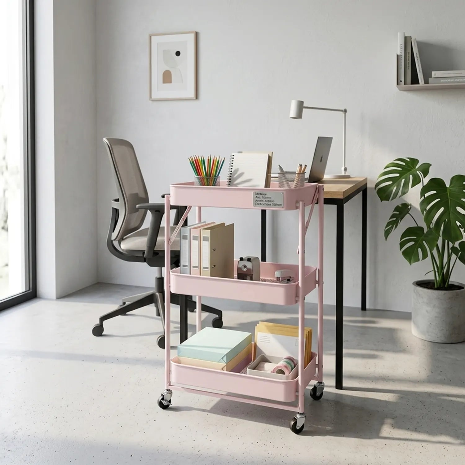 Carro Metálico Organizador Plegable con Ruedas Rosado